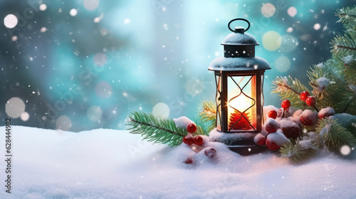 Christmas lantern on snow with fir branch in the blur forest. Blurred bokeh background. Winter decoration wallpaper.