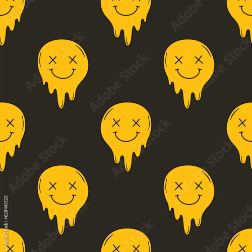 Hand drawn melting face seamless pattern. Funky doodle dripping smile vector background. 90s psychedelic symbol. Trippy art texture