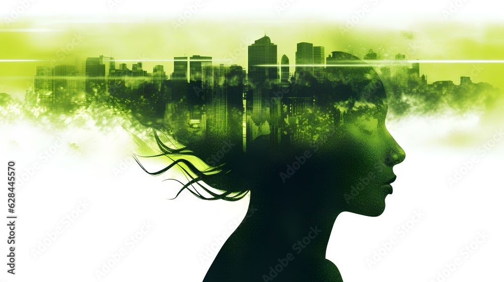 Green thinking concept, female head silhouette. Inside the silhouette are urban buildings, symbolizing the incorporation of sustainability in urban planning and design. Generative AI
