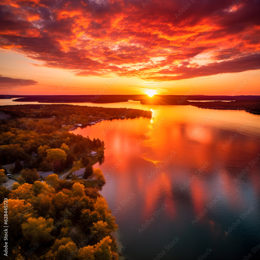 Breathtaking Aerial Sunset View Over Lake with Autumnal Forest Landscape