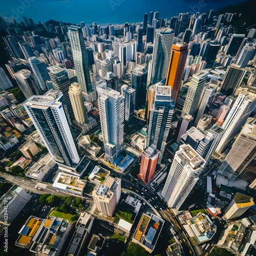 High-Density Urban Canyon: Aerial Perspective of a Bustling Cityscape photo