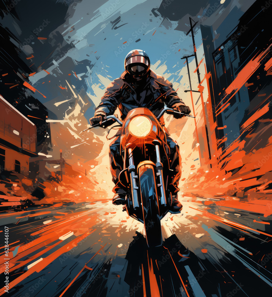Motorcycle rider on the road in the city. created with generative AI technology.