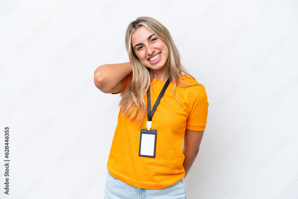 Young caucasian woman with ID card isolated on white background laughing Young caucasian woman with ID card isolated on white background laughing