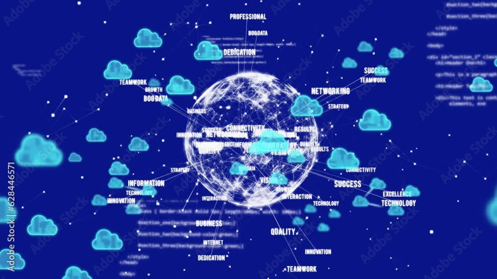 Animation of cloud icons, data processing and connections over blue background Animation of cloud icons, data processing and connections over blue background