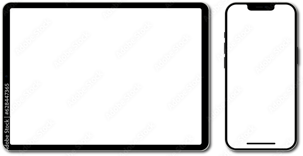 Realistic mockup tablet and smartphone with empty screens. Phone and tablet mockup in front with shadow on transparent background. PNG image - obrazy, fototapety, plakaty 