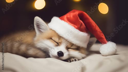 Cute fox sleeping in santa hat on bed. Happy Holidays