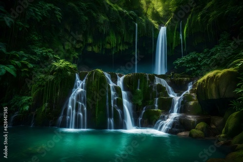 An enchanting waterfall cascading down lush cliffs into a pool below © Muhammad