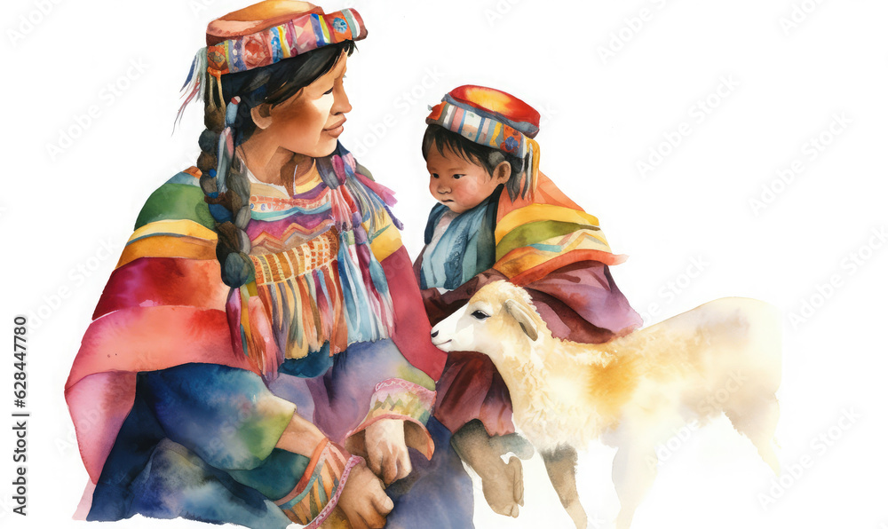 A woman and child dressed in traditional peruvian clothing together with a small lamb. Travel watercolor illustration - obrazy, fototapety, plakaty 