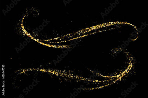 Gold glitter abstract waves on a black background, the set waves gold glitters.