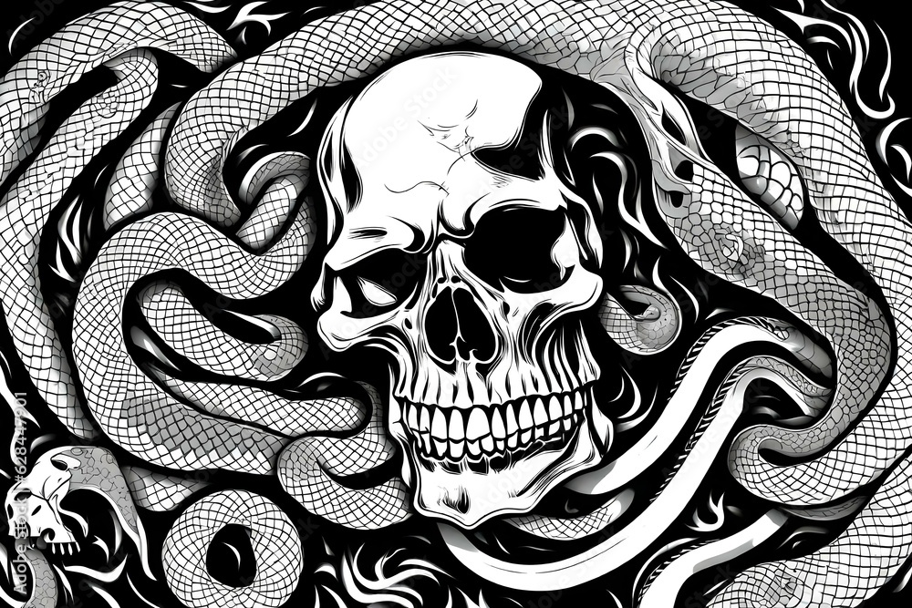 A line drawing of a scary skull and snake. Sharp lines.
