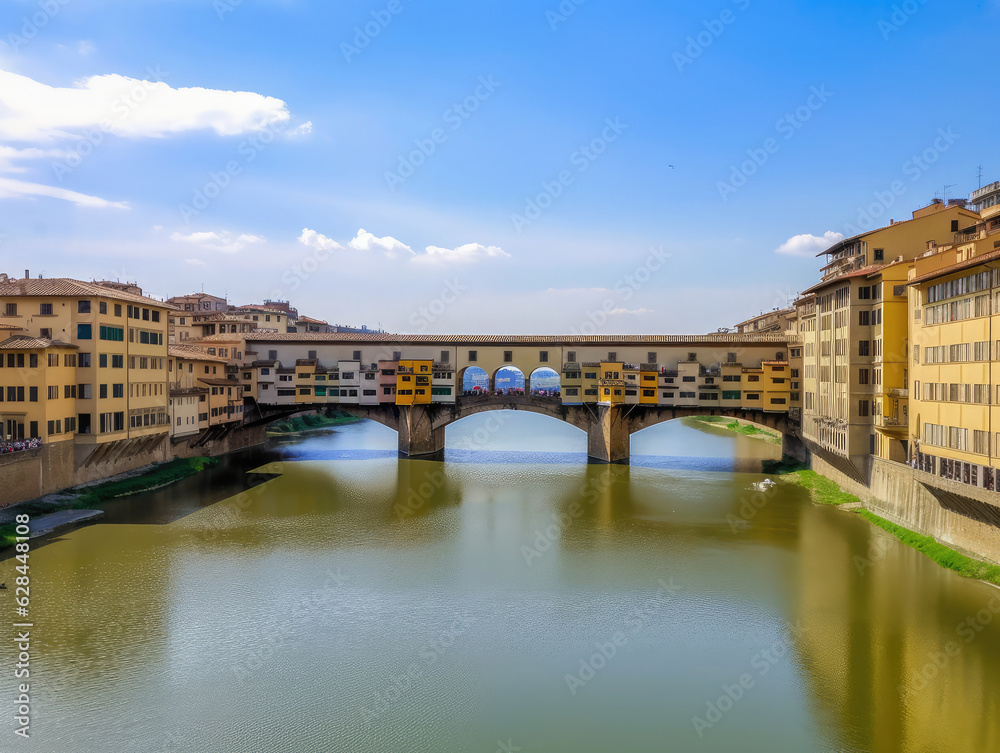 The Ponte Vecchio (Old Bridge) in Florence, Italy, seen on a clear sunny day. Frontal view. Travel photography