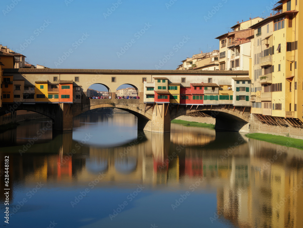 Obraz premium The Ponte Vecchio (Old Bridge) in Florence, Italy, seen on a clear sunny day. Frontal view. Travel photography