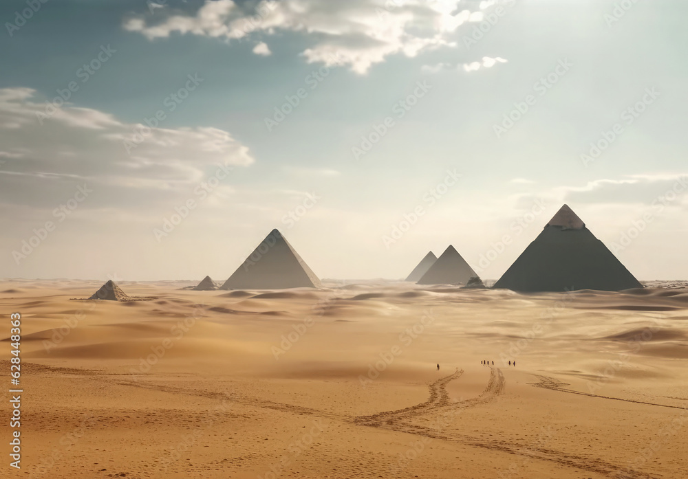 Egyptian landscape with pyramids in the desert. Archeology and travel concept. Ancient egypt civilization. 