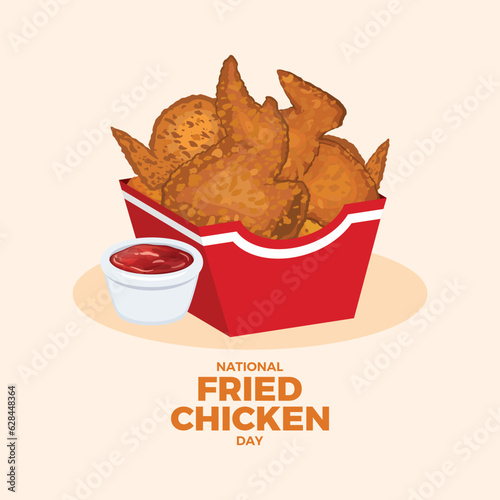 National Fried Chicken Day vector illustration. Crispy fried chicken in red paper box drawing. Chicken wings with dipping sauce icon vector. July 6 every year. Important day