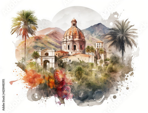 Watercolor illustration of a typical landscape from Sicily in Italy, with an old church surrounded by the mediterranean vegetation and hills in the background. 