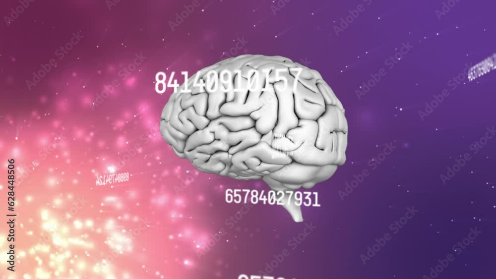 Animation of numbers and data processing over human brain spinning Animation of numbers and data processing over human brain spinning