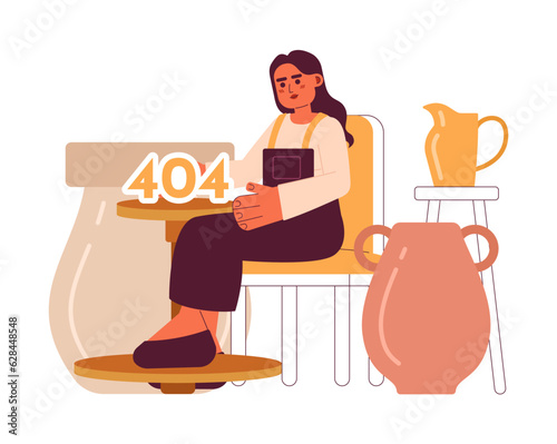 Pottery class error 404 flash message. Indian woman near pottery wheel. Empty state ui design. Page not found popup cartoon image. Vector flat illustration concept on white background