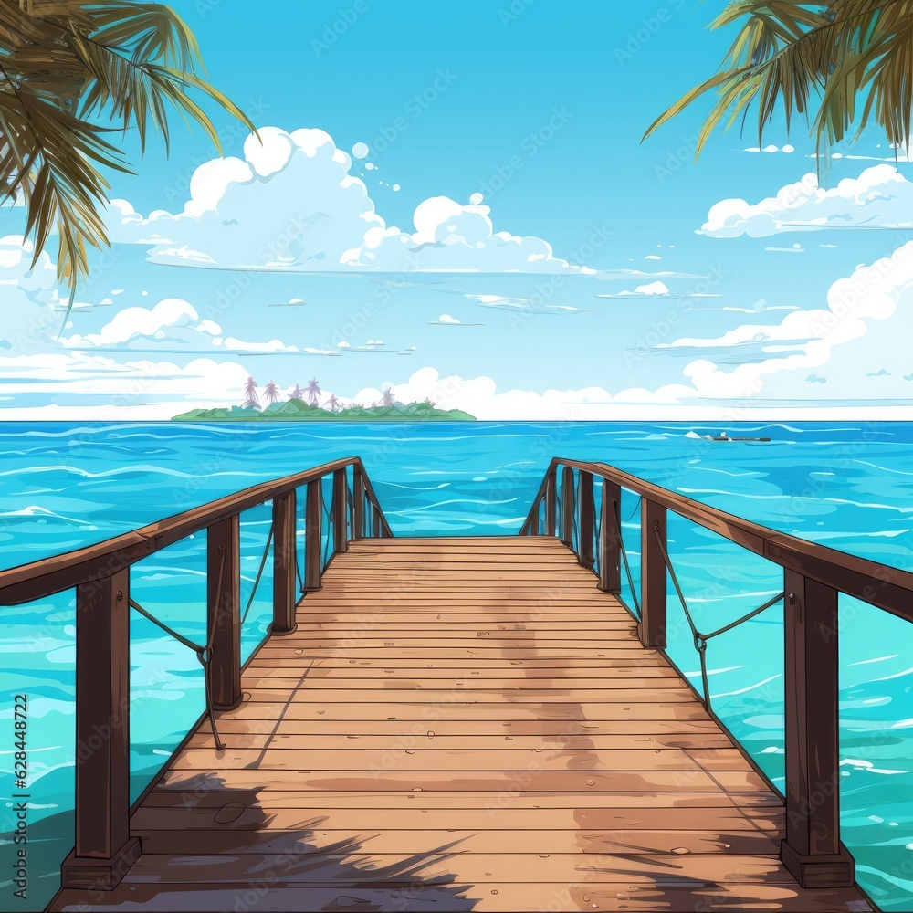 A beach scene with wooden pier surrounded by palm trees. (Generative AI)