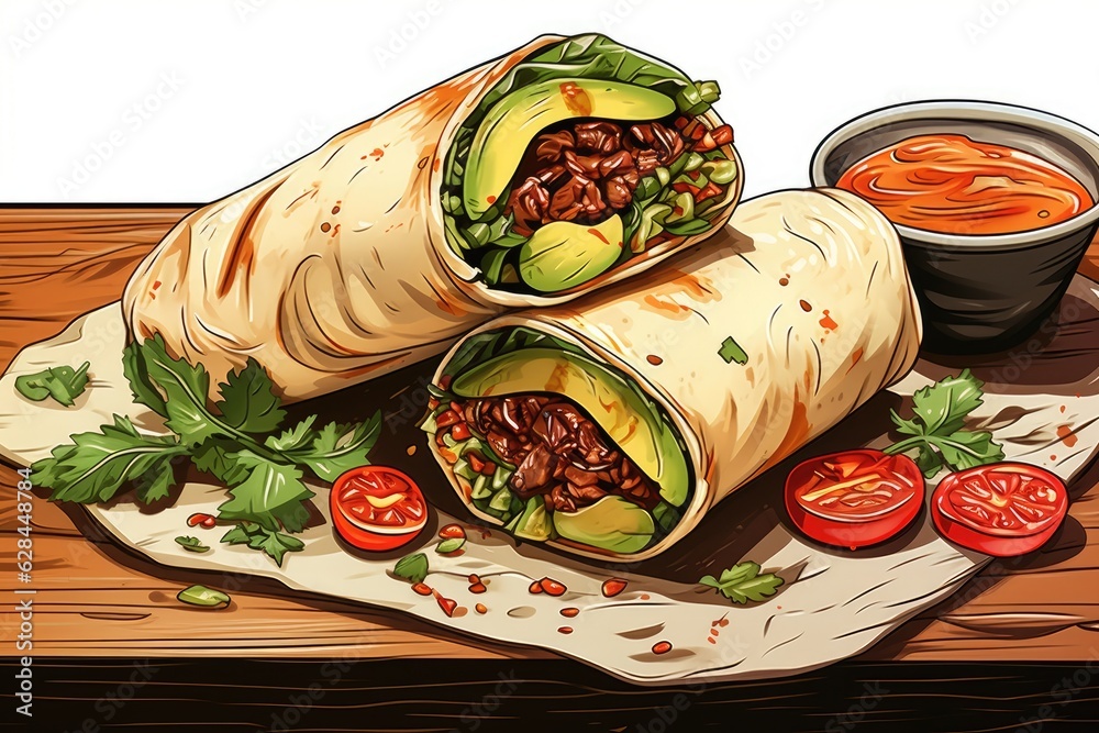 There are two burritos with meat and vegetables on a table. (Generative AI)