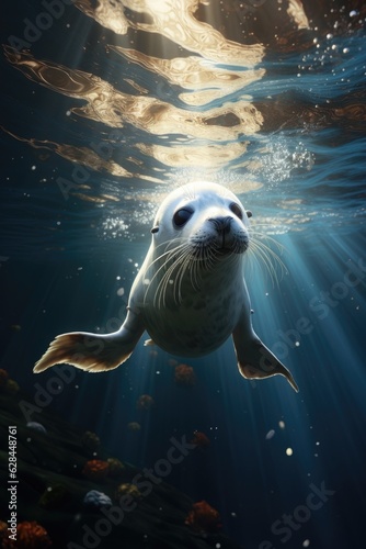 A seal is swimming with a sunbeam backdrop. (Generative AI)