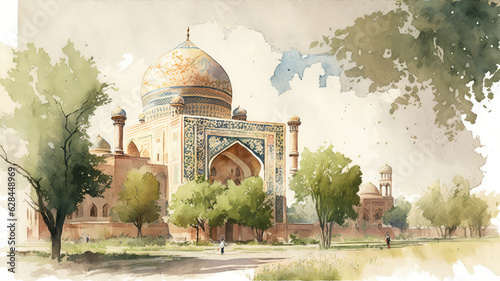 Uzbekistan watercolor illustration. Typical mosque architecture surrounded by vegetation. Central asia travel concept. 