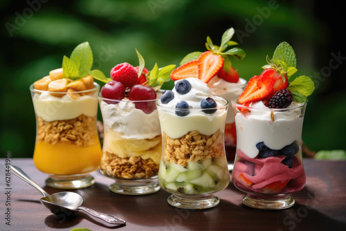 Assorted fruit desserts with whipped cream and granola in a glass on green leaves background