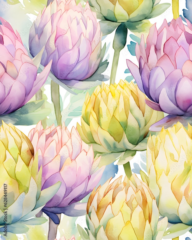 Fototapeta premium Artichoke tileable watercolor hand drawn seamless pattern created with Generative AI technology