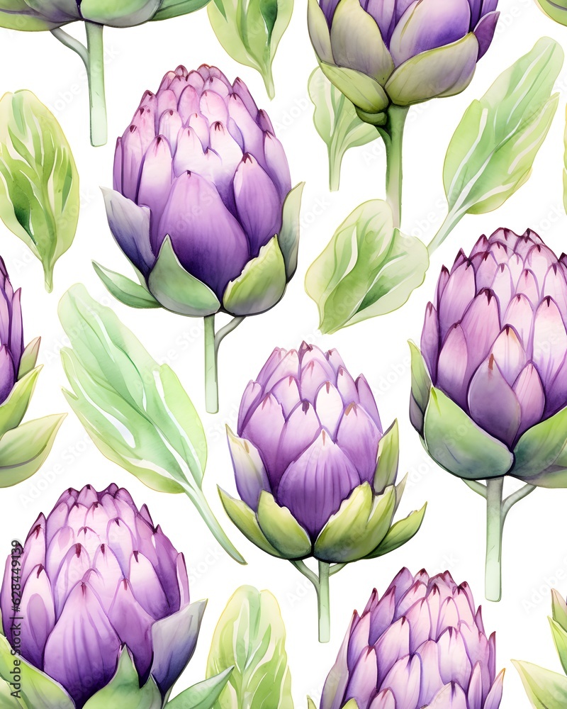 Fototapeta premium Artichoke tileable watercolor hand drawn seamless pattern created with Generative AI technology