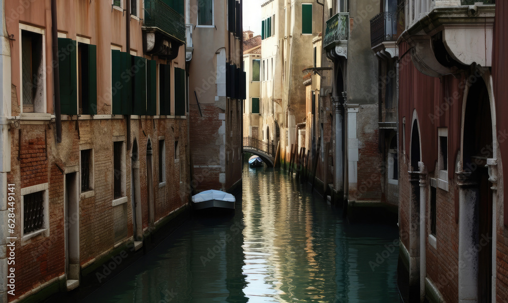 Typical canal in Venice, Italy, with historical houses, a small bridge and traditional gondola boats. Travel photography