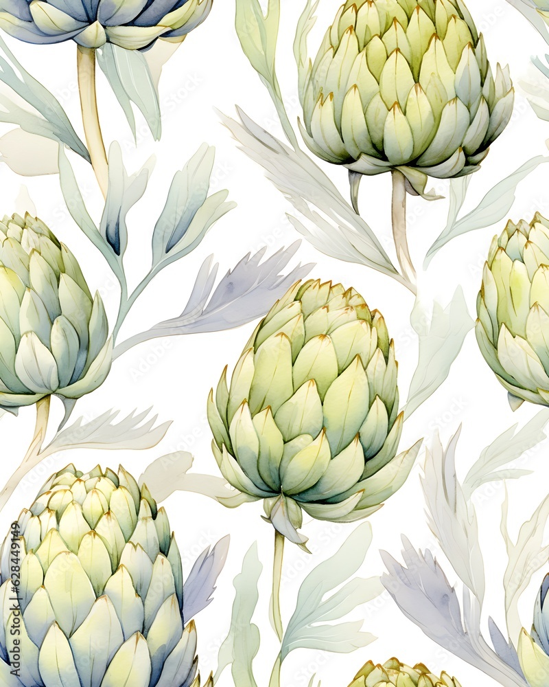 Fototapeta premium Artichoke tileable watercolor hand drawn seamless pattern created with Generative AI technology