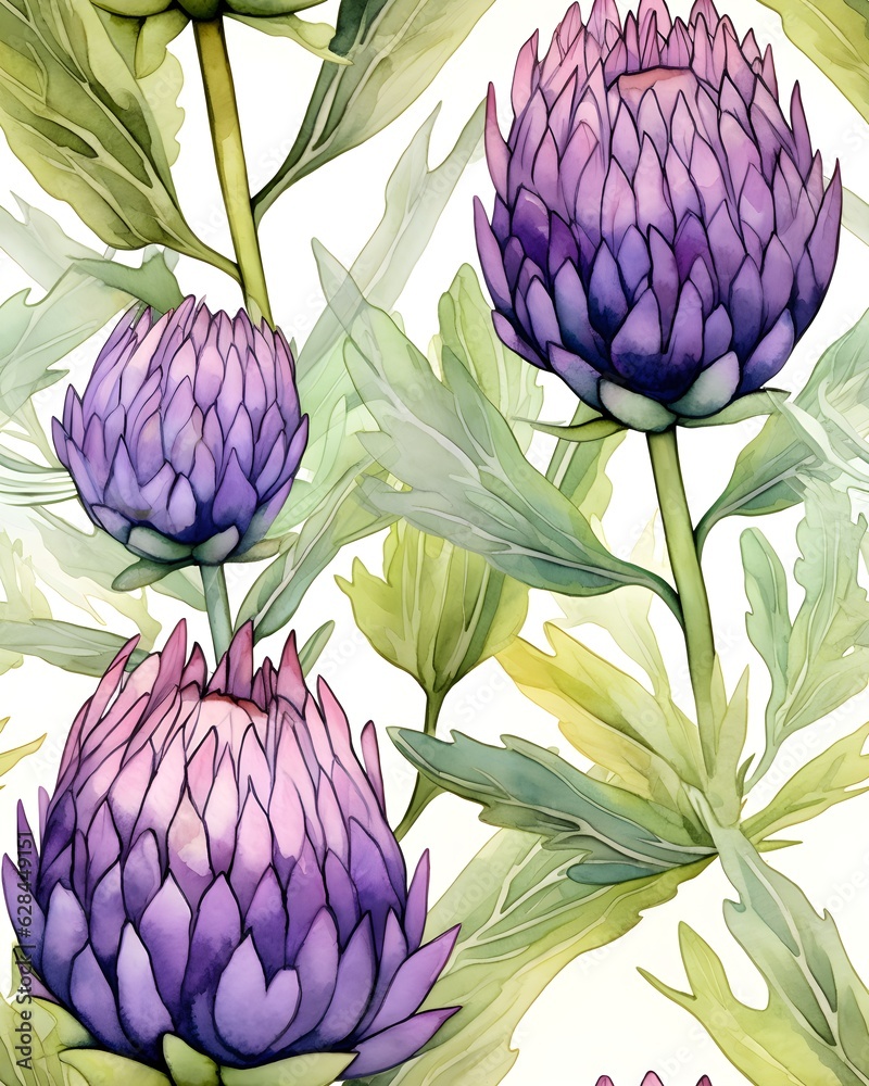 Fototapeta premium Artichoke tileable watercolor hand drawn seamless pattern created with Generative AI technology