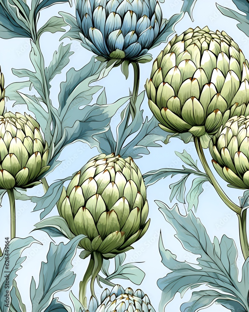 Fototapeta premium Artichoke tileable watercolor hand drawn seamless pattern created with Generative AI technology