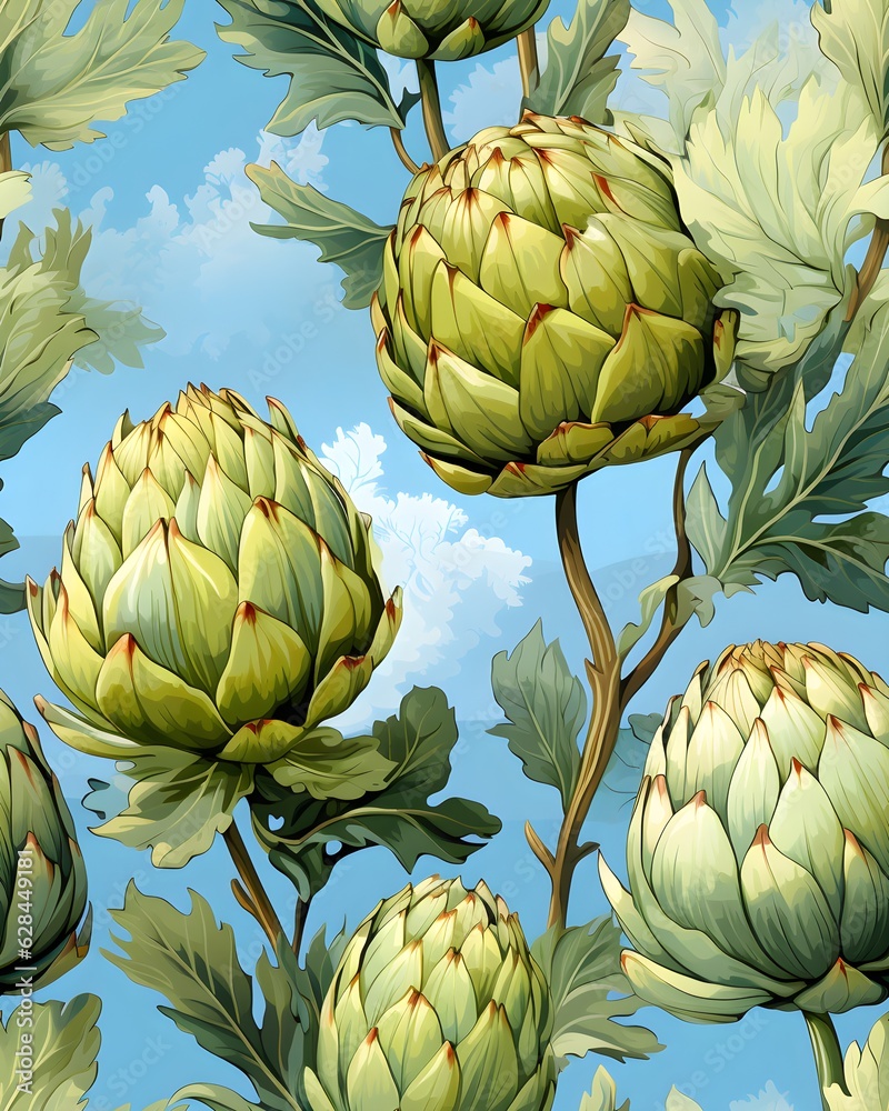 Fototapeta premium Artichoke tileable watercolor hand drawn seamless pattern created with Generative AI technology