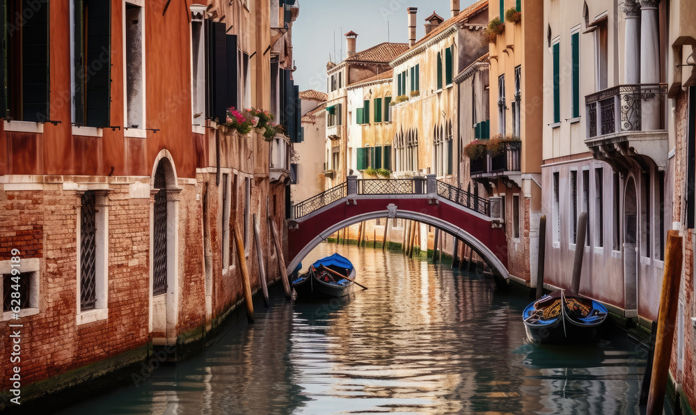 Typical canal in Venice, Italy, with historical houses, a small bridge and traditional gondola boats. Travel photography