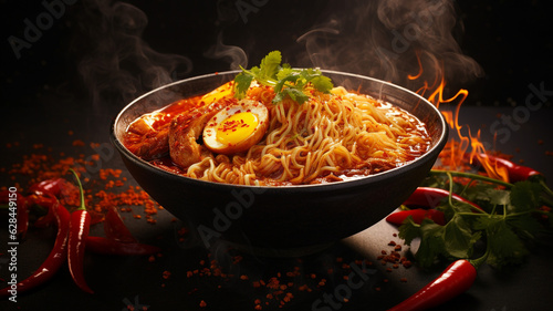 A bowl of hot spicy ramen food background