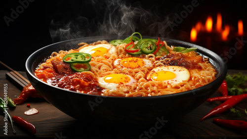 A bowl of hot spicy ramen food background