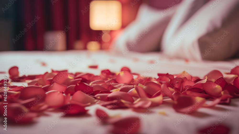 Red and pink rose petals on the bed in the hotel rooms Red and pink rose petals on the bed in the hotel rooms