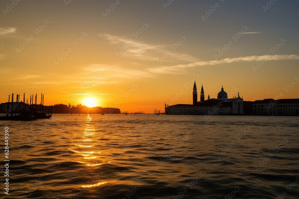 Panoramic view of Venice Lagoon at sunset, with the city silhouette in the background. Italy travel photography. 