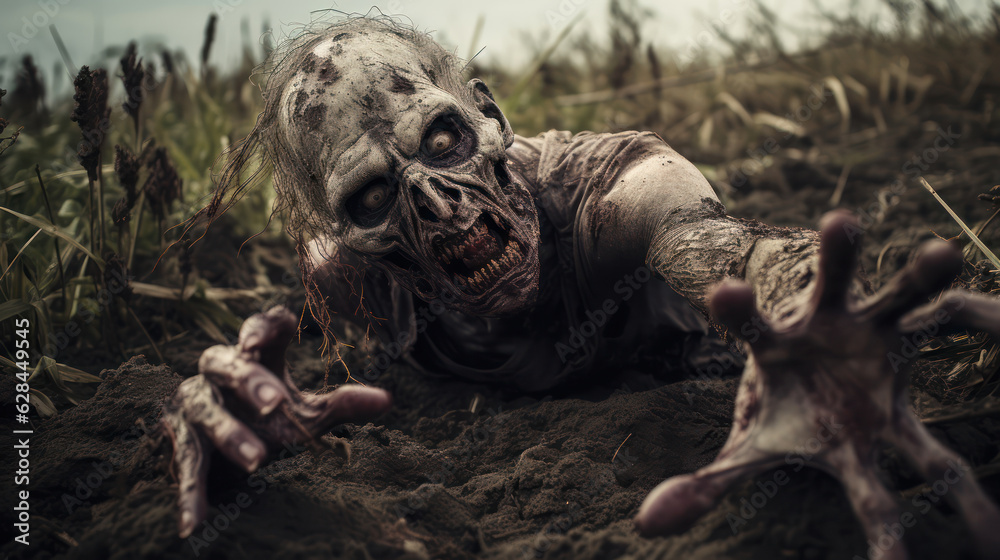 Fototapeta premium Scary zombie hand on the ground. Halloween decorations