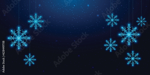 Hanging wireframe snowflakes in low poly style. Christmas and New Year concept. Abstract modern vector illustration isolated on blue background