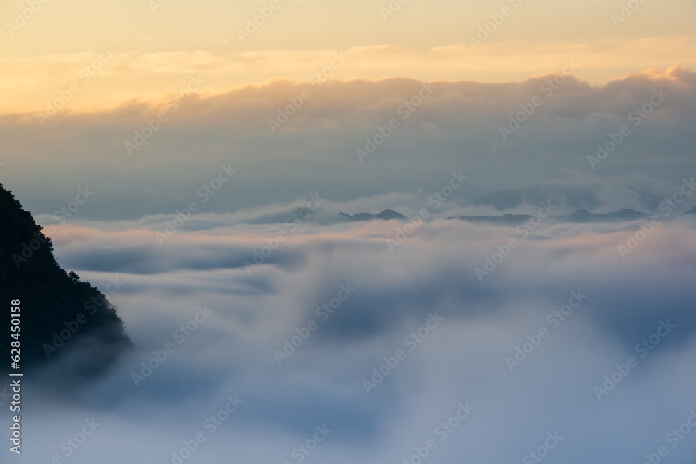 The dynamic sea of clouds is majestic and magnificent. Close up. Awe-Inspiring Views of the White Cloud Sea on the Mountaintop. Taiwan