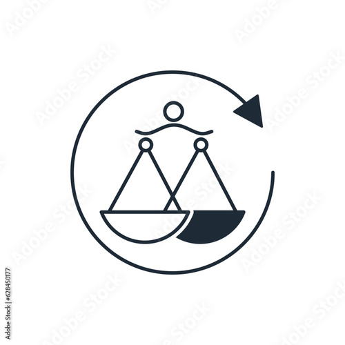 Judicial scales and movement arrow. legal process. Vector linear icon isolated on white background.