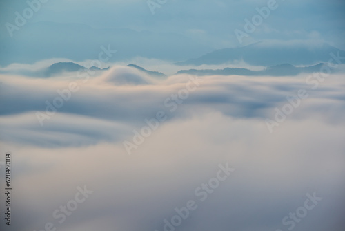 The dynamic sea of clouds is majestic and magnificent. Close up. Awe-Inspiring Views of the White Cloud Sea on the Mountaintop. Taiwan © twabian