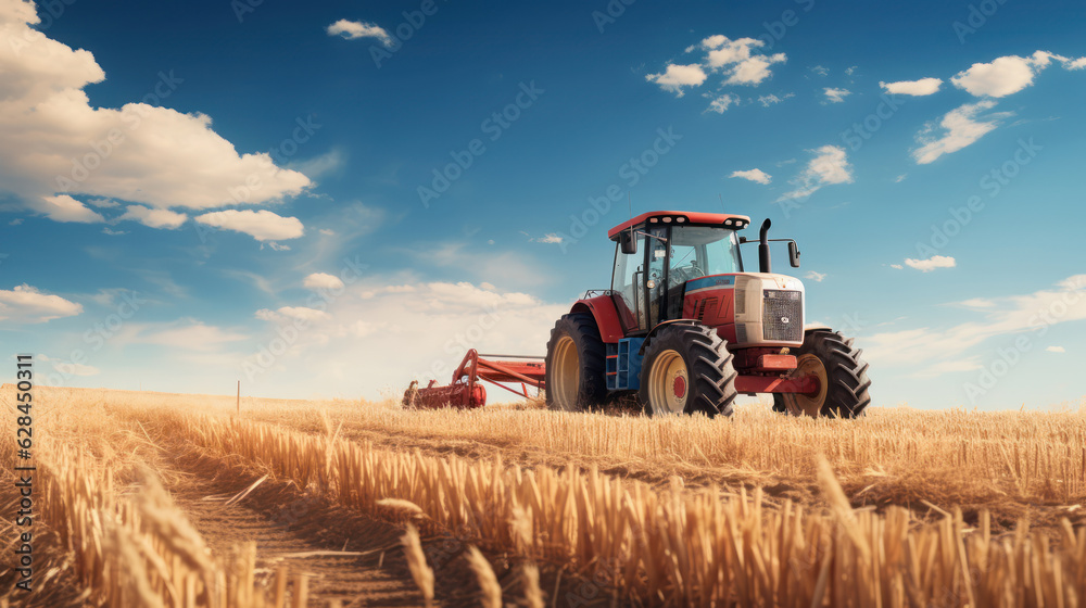 Obraz premium Tractor harvesting soft light blue sky