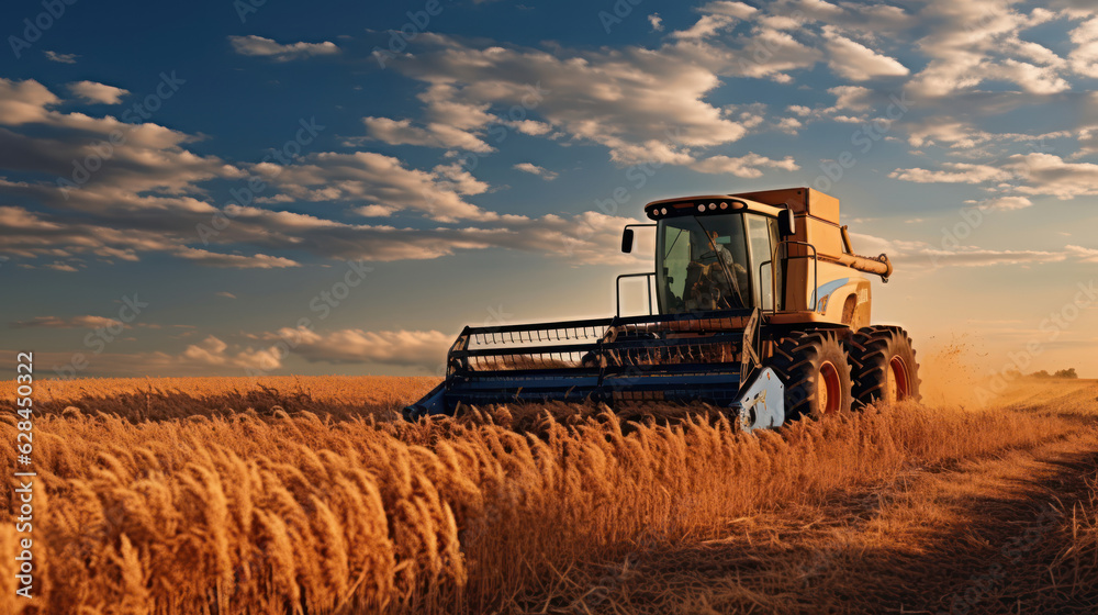 Obraz premium Tractor harvests millet in the field