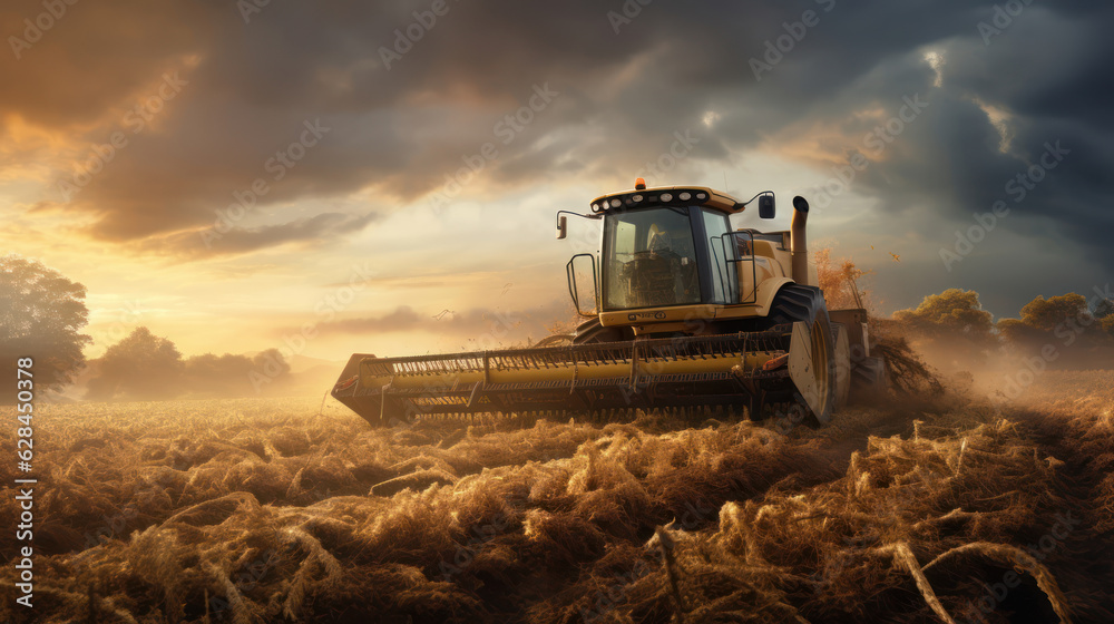 Fototapeta premium Tractor harvests millet in the field