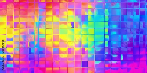 Seamless psychedelic rainbow heatmap glass square blocks refraction pattern background texture. Trippy hippy abstract dopamine dressing fashion motif, Generative AI