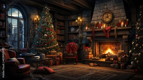 Merry Christmas happy holidays beautiful living room decorated Christmas living room, inside Magic glowing tree, gifts in the darknight, fireplaces and gifts, Modern interior living room Christmas