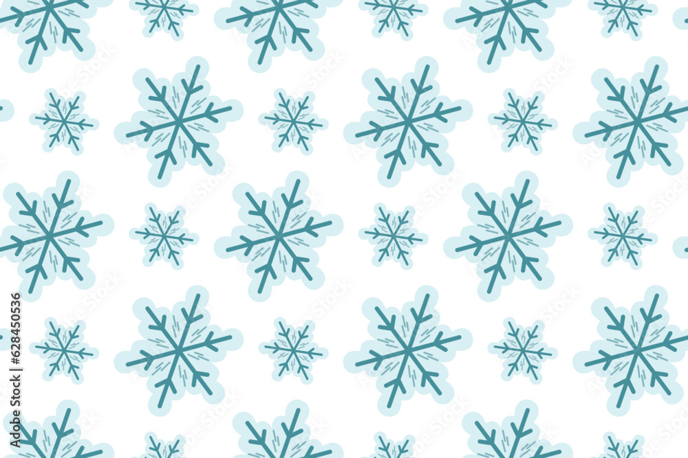 Winter vector seamless cartoon pattern with blue flat snowflakes.