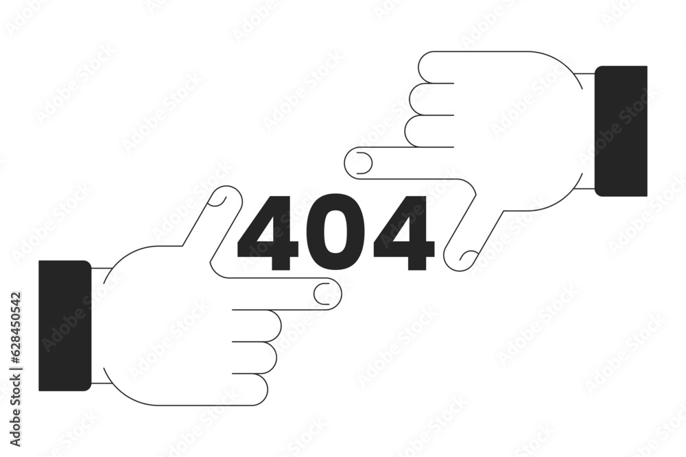 Finger frame black white error 404 flash message. Finger focus. Failed perspective. Monochrome empty state ui design. Page not found popup cartoon image. Vector flat outline illustration concept Finger frame black white error 404 flash message. Finger focus. Failed perspective. Monochrome empty state ui design. Page not found popup cartoon image. Vector flat outline illustration concept